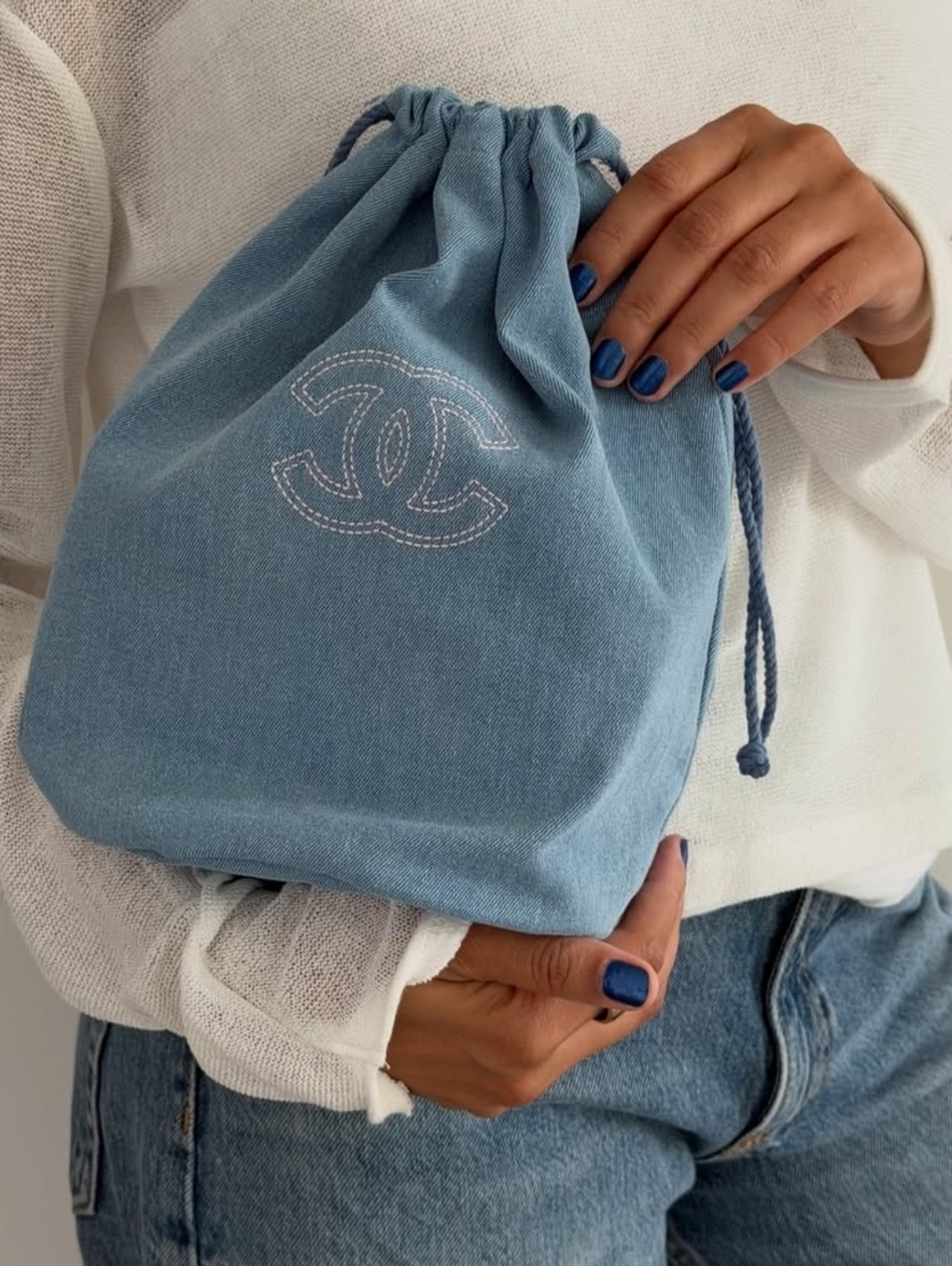 CHANEL Light Blue Denim Drawstring Pouch